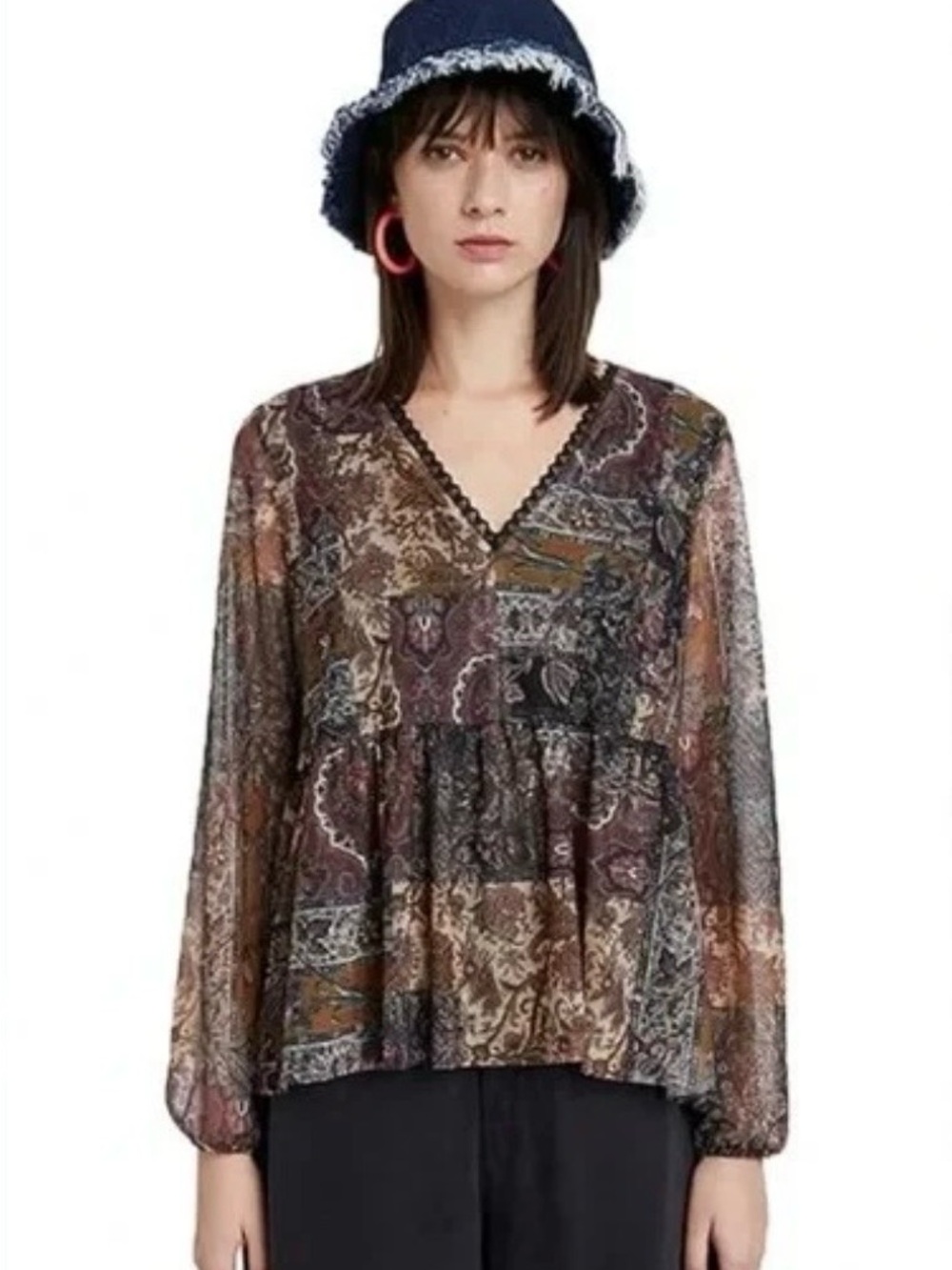 NWT DESIGUAL Katrina Blouse Long Sleeve with V Neckline Floral